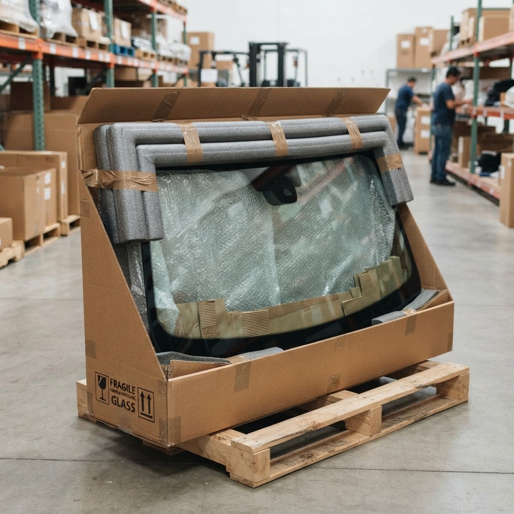 Vidrio automotriz embalado profesionalmente dentro de una caja con protectores de espuma en sus bordes