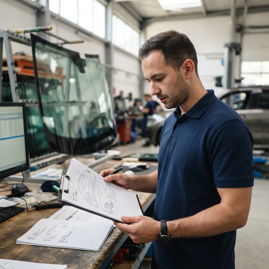 Trabajador revisando cuidadosamente la información de un vidrio automotriz y comparándola con los datos de un vehículo